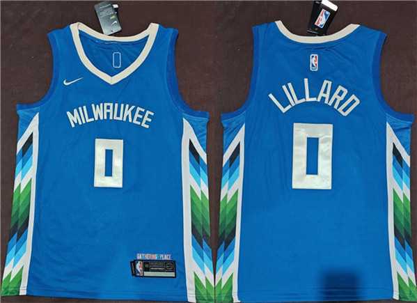 Men%27s Milwaukee Bucks #0 Damian Lillard Blue 2022-23 City Edition Stitched Basketball Jersey->milwaukee bucks->NBA Jersey
